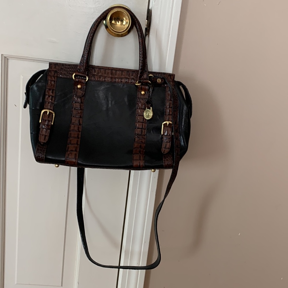 Brahmin leather satchel crossbody black with brown trim - Picture 2 of 8
